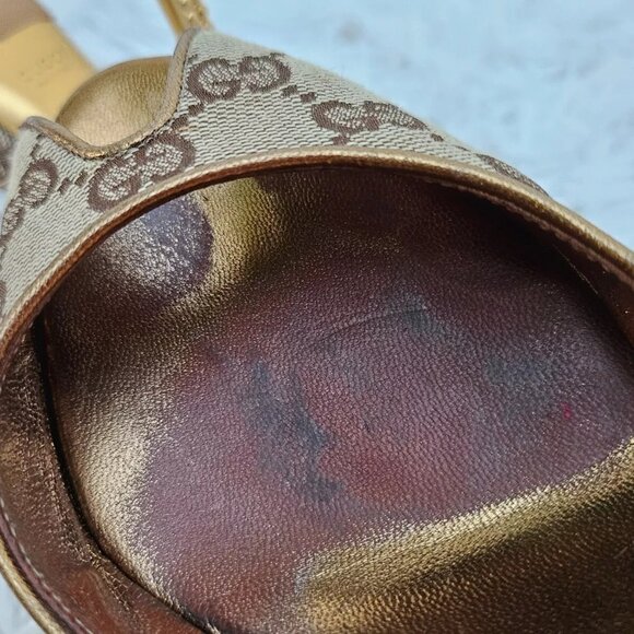 Gucci Women Heel Sandal GG Web Gold Tone Buttom Made Italy Size 34.5 - Picture 14 of 14